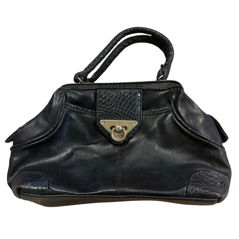 Black Faux Leather Satchel Handbag Metal Frame Ring Lock Top Handle Purse
